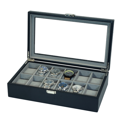 Sonny Personalised 12 Slots Black Carbon Fiber Leather Mens Watch Box Holder