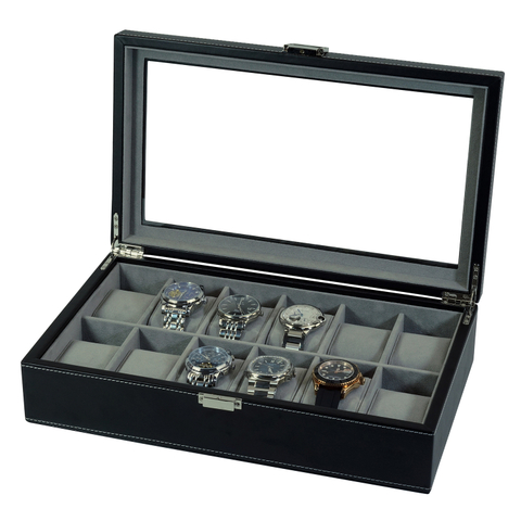 Sonny 12 Slots Black Leather Watch Box Storage Holder Organizer for Men