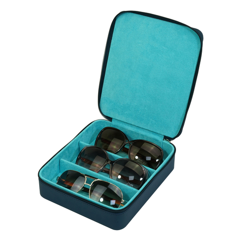 Sonny Custom Wholesale 3 Slots Blue Travel Leather Sunglasses Holder Organizer Eyeglasses Box Case