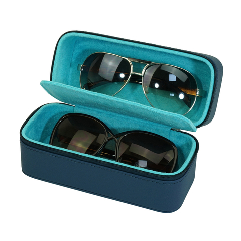 Sonny Custom Logo Luxury 2 Pairs Travel Blue Leather Sunglasses Case