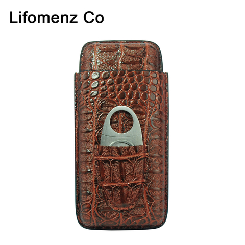 Lifomenz Co Handmade 3 CT Travel Croco Leather Cigar Case with Cigar Cutter