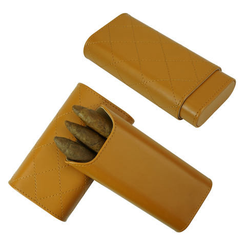 Sonny Premium 3- Finger Brown Split Leather Travel Cigar Case - Cigar Accessories - Cigar Humidor with Diamond Stitching