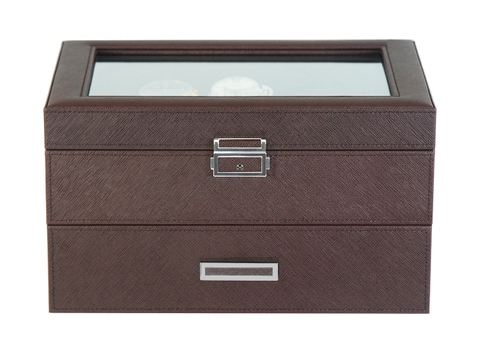 sonny 20 Slots Exquisite Workmanship Brown Leather Watch Box With Glass Window And Drawer And Pillows For Man