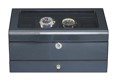 Sonny Premium Glossy Carbon Fiber 8 Slots Wooden Watch Box Organizer with Drawer for Men