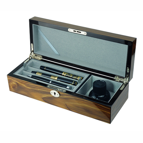 Sonny Premium Glossy Walnut Wooden Box for 6 Fountain Pen + Ink Set