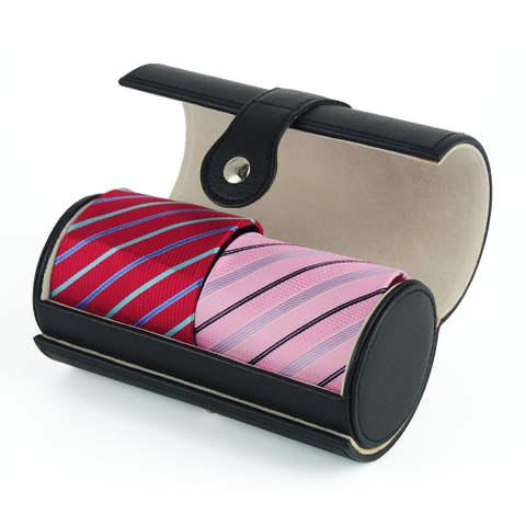 Sonny Wholesale Black Leather Round Tie Box for 2 Ties Storage