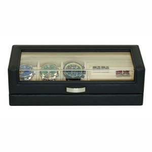 Sonny New Acrylic Lid Black Leather 3 Watch Box with Cufflinks Tray