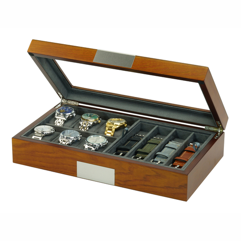Sonny New Design Mens Mahogany Wood Watch Box Organizer with for 6 Watches + 8 Watch Bands