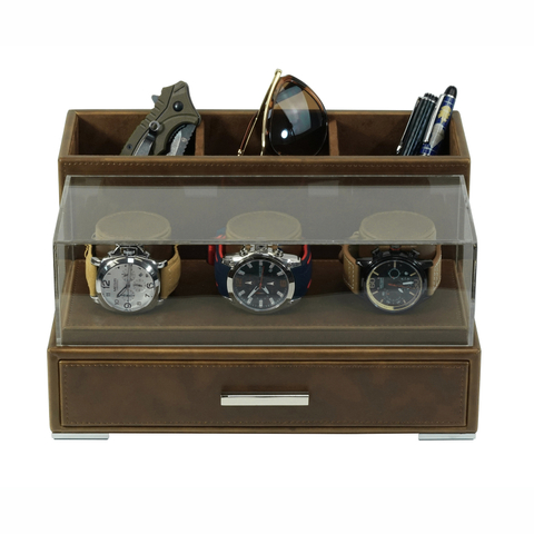 Sonny New Brown Leather Mens Watch Jewelry Display Organizer Box with Drawer