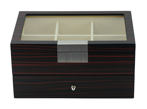 12 Slots Ebony Wooden Tie & Belt Display Box for Mens Accessories Storage Case with Glass Top