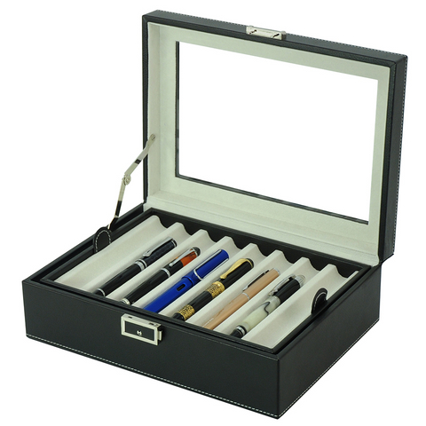 16 Slots Fountain Pen Case Black Leather Pen Display Box Storage Case with Lock