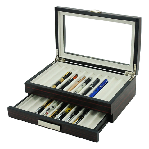 Box for Pen Luxury Ebony Wood with Drawer for 20 Fountain Pens Packaging Holder Box