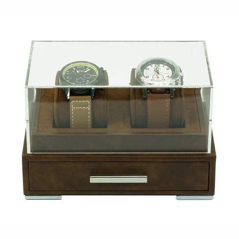Sonny New Design Brown Leather Men 2 Watch Display Box Case with Drawer
