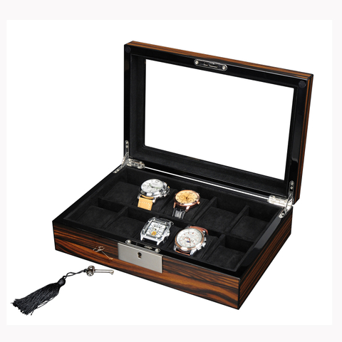 Sonny Luxury and Handmade 10 Slots High Gloss Wooden Watch Display Box with Key Lock Set and Window for Watch Collectors