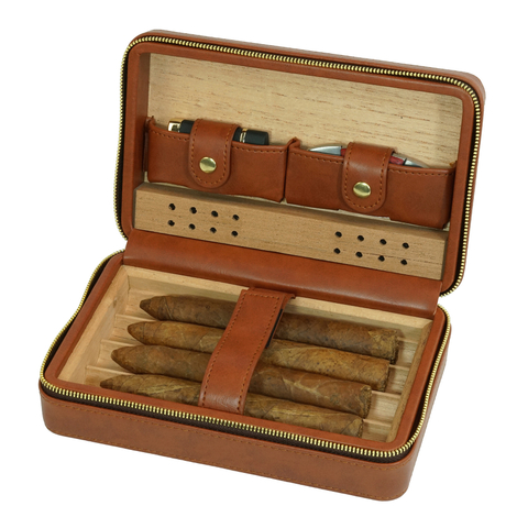 Sonny Custom Wholesale 4 CT Portable Travel Brown Leather Cigar Humidor Case