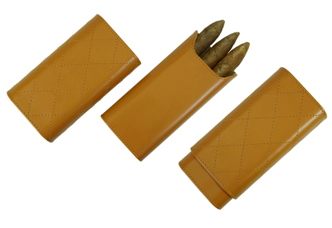 Sonny Premium 3- Finger Brown Split Leather Travel Cigar Case - Cigar Accessories - Cigar Humidor with Diamond Stitching