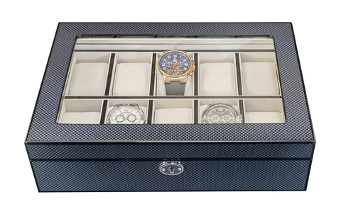 Sonny High Gloss Carbon Fiber Mens Watch Display Case 10 Slots Wooden Watch Box