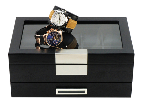 Sonny Mens Valet Desktop Black Wood 10 Watches Accessories Tools Box Watch Box Wood with Drawer