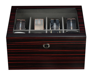 Sonny Custom High Quality Glass Top Ebony Matte Finishing 8 Slots Wooden Belt Display Box For Men's Gift