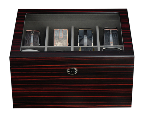 Sonny Custom High Quality Glass Top Ebony Matte Finishing 8 Slots Wooden Belt Display Box For Men's Gift
