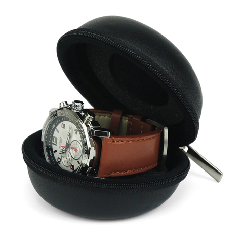 Sonny Convenient To Carry 1 Slot Black Real Leather Travel Watch Case With Pillow And Zipper