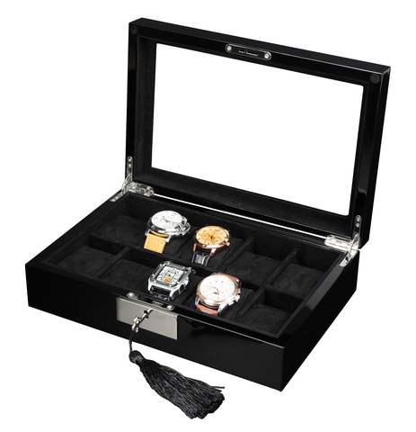 Sonny Lacquer Wooden Stash Box with lock and key Glass Window Black Gloss Wood 10 Slots Watch Boxes Cases