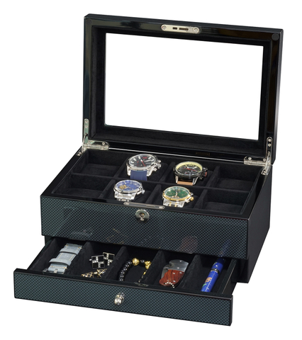 Sonny Premium Glossy Carbon Fiber 8 Slots Wooden Watch Box Organizer with Drawer for Men