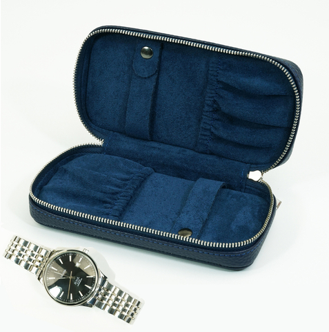 Sonny New Blue Genuine Leather Travel 2 Watch Zipper Case 