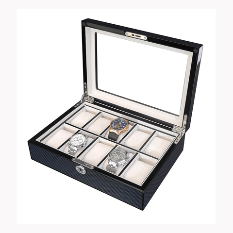 Sonny High Gloss Carbon Fiber Mens Watch Display Case 10 Slots Wooden Watch Box