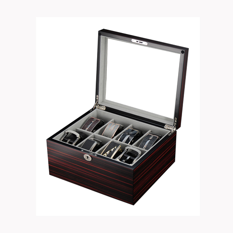 Sonny Custom High Quality Glass Top Ebony Matte Finishing 8 Slots Wooden Belt Display Box For Men's Gift