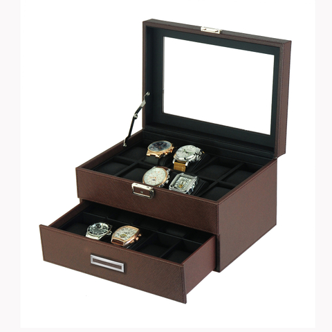 sonny 20 Slots Exquisite Workmanship Brown Leather Watch Box With Glass Window And Drawer And Pillows For Man