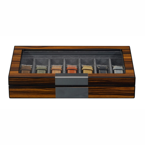 Sonny Custom Glass Top Luxury Ebony Wooden Watch Band Organizer Box for 7 Watch Strap Collection