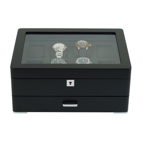 Sonny Custom Logo Luxury 8 Slots Black Wooden Watch Box with Drawer