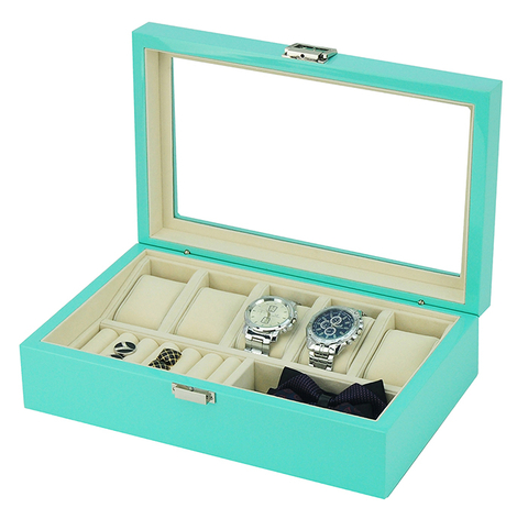 New on The Shelf Azure Color High Popularity Wooden Jewelry&watch Organizer Display Box with Top Window Best Gift for Men