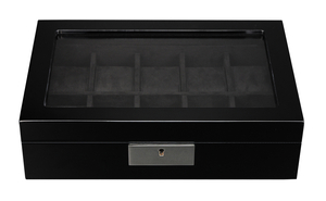 Sonny Lacquer Wooden Stash Box with lock and key Glass Window Black Gloss Wood 10 Slots Watch Boxes Cases