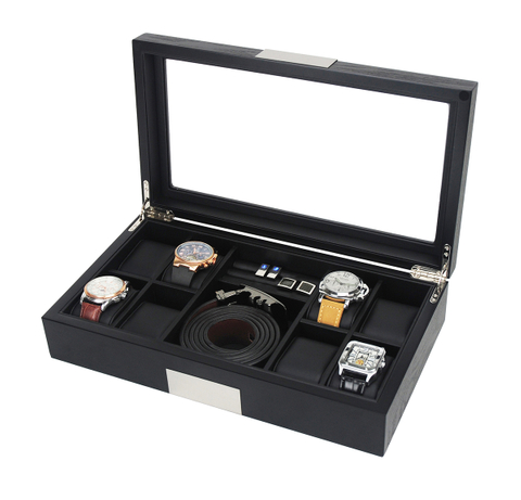 Wood Jewelry Belt Wallet Organizer Collect Cufflink Display Holder 8 Slots Watch Box Sonny Classical Black with Glass Lip 300pcs