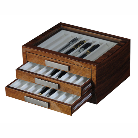 Sonny 24 Slot Luxury Walnut Wooden Fountain Pen Box with Transparent Display Window