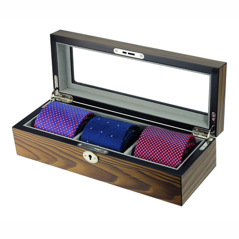 Sonny Custom Luxury Gloss Lacquered Walnut Wooden Men Tie Box for 3 Ties Organizer