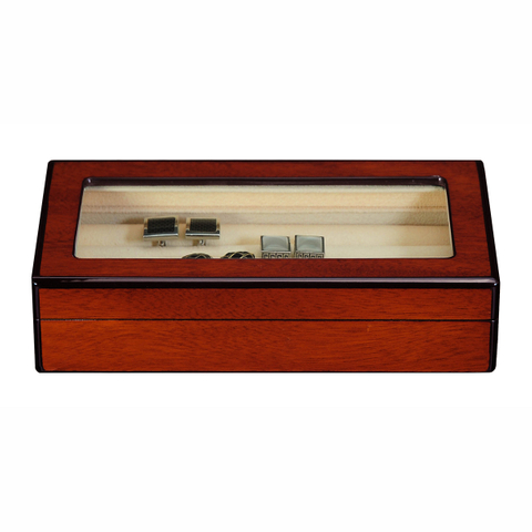 Sonny 16 Pairs Glossy Cherry Wood Glass Top Cufflinks Display Storage Box