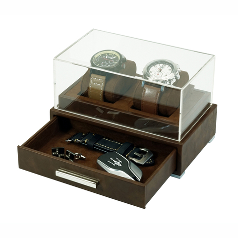 Sonny New Design Brown Leather Men 2 Watch Display Box Case with Drawer