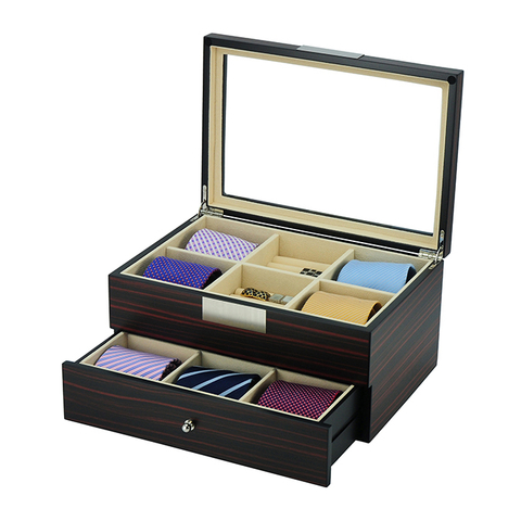 12 Slots Ebony Wooden Tie & Belt Display Box for Mens Accessories Storage Case with Glass Top
