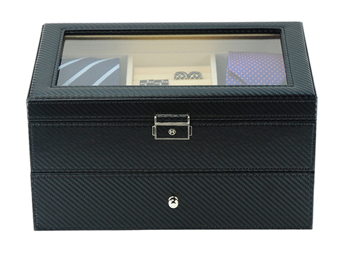 12 Slots Black Pu Leather Tie & Belt Display Box for Men With Button & Silver Hinges