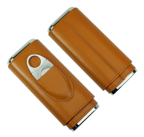 Sonny Classic Custom Brown / Black Real Leather Cedar Wood Lined Travel 3 Cigar Case with Cigar Cutter