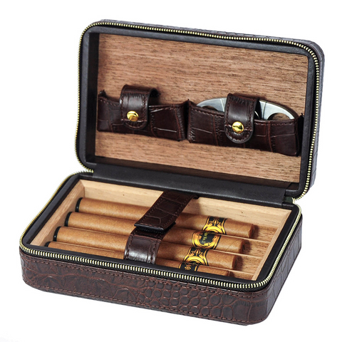 Portable Leather Cigar Holder Travel Humidor Case Hold 4 Cigars