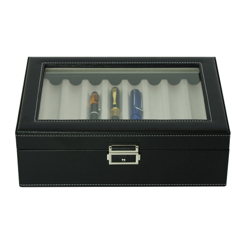 16 Slots Fountain Pen Case Black Leather Pen Display Box Storage Case with Lock