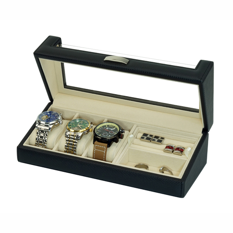 Sonny New Acrylic Lid Black Leather 3 Watch Box with Cufflinks Tray