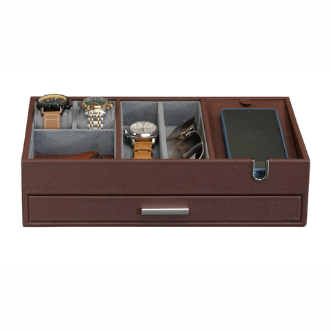 Sonny Custom 2 Layer Large Brown PU Leather Mens Valet Tray Desk Organizer for Watch Phone Cufflinks Pen