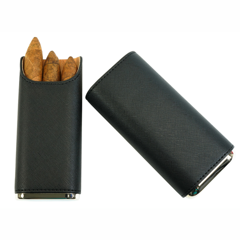 Sonny Premium Portable Travel 3 Finger Black Leather Cedar Wood Lined Cigar Carrying Case