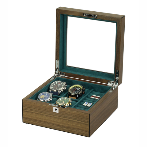 Sonny 2023 New Arrivals High End 4 Slots Walnut Veneer Wood Watch And Cufflinks Packaging Box Glass Top Jewelry Display Box