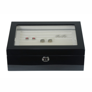 72 Paris Cufflink Box Wood Piano Finish Black Lacquer with Glass Top Display Cuff Links Boxes